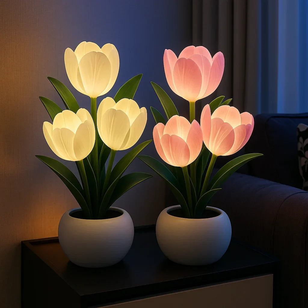 Decoratieve LED Tulpenlamp voor Woonkamer – Warm Wit Licht – Sfeervolle Bloemenlamp met Vaas – Moderne Tafellamp Nachtlamp voor Slaapkamer of Bureau | Sulvida