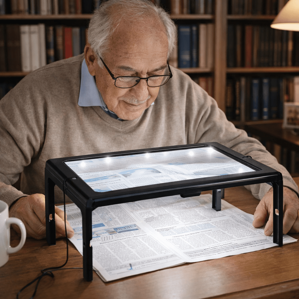 Loupe de table pliable avec éclairage pour lire les mains libres, grossissement 3x, éclairage LED, loisirs créatifs et documents | Sulvida
