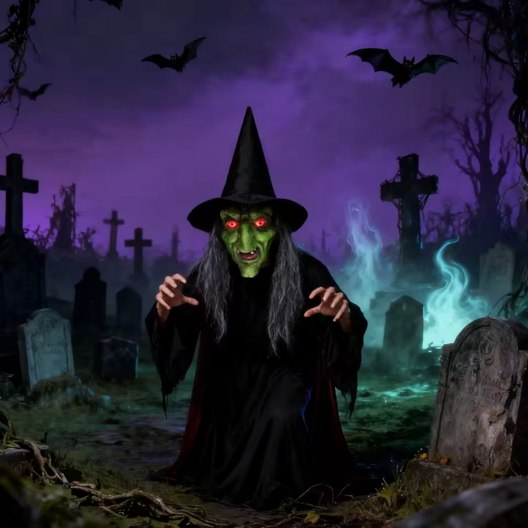Horror Heksenkap met Luminescerende Ogen Groen Zwart Compleet Verkleedmasker Halloween Kostuum voor Volwassenen | Sulvida