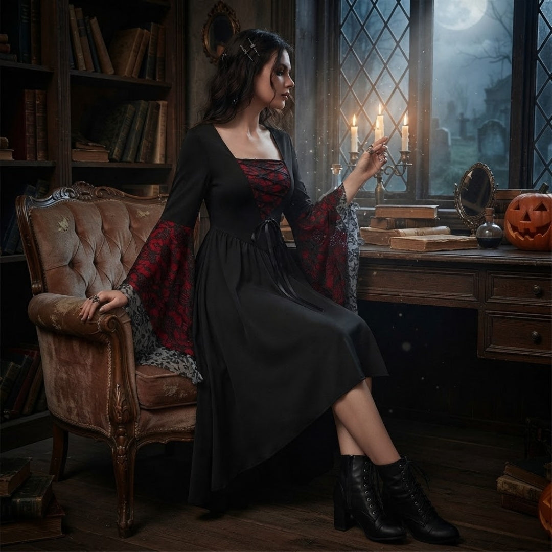 Gothic Feestjurk met Wijde Mouwen – Donkere Fantasy Look voor Verkleedpartijen Carnaval Halloween en Themafeesten | Sulvida