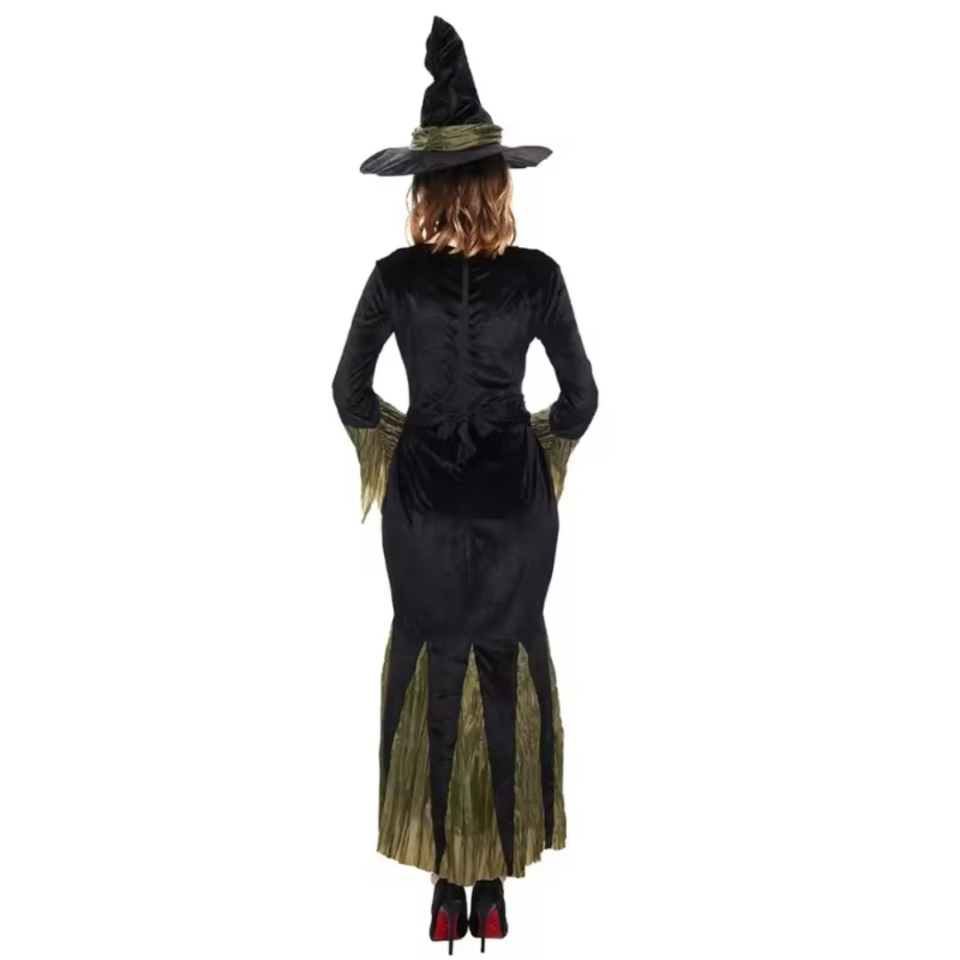 Heksenkostuum Dames met Punthoed Zwart Groen Verkleedkleding Halloween Carnaval Gothic Feest Heks Outfit | Sulvida