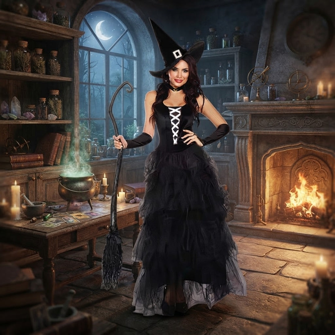 Fantasy Heksenjurk Zwart Polyester Kostuum Dames Carnaval Halloween Cosplay Verkleedfeest Gothic Party | Sulvida