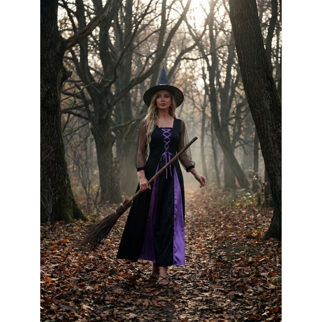 Middeleeuwse Heksenjurk met Punthoed Dames Verkleedkostuum Fantasy Carnaval Cosplay Halloween Feest Outfit | Sulvida