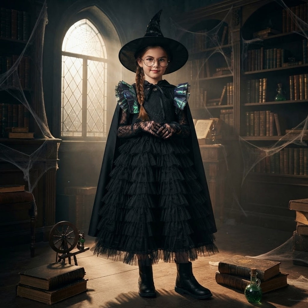 Heksenjurk met Hoed voor Kinderen Fantasie Verkleedkleding Feestoutfit Halloween Carnaval Cosplay Kostuum | Sulvida