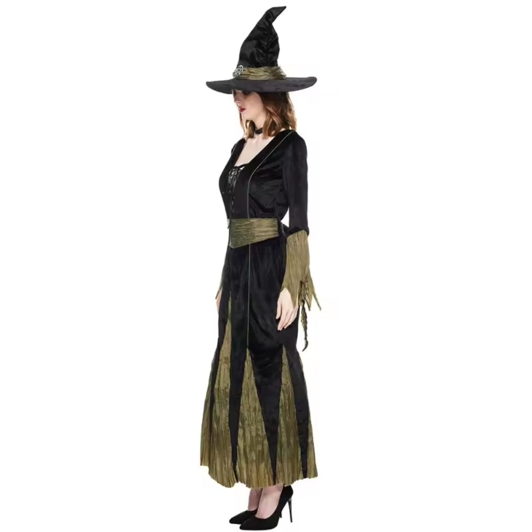 Heksenkostuum Dames met Punthoed Zwart Groen Verkleedkleding Halloween Carnaval Gothic Feest Heks Outfit | Sulvida