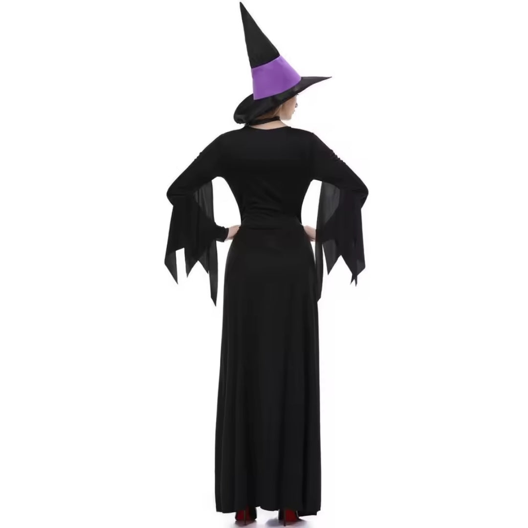 Gothic heksenkostuum met lange mouwen spitse hoed zwart paars vrouwen Halloween feestkleding carnaval | Sulvida