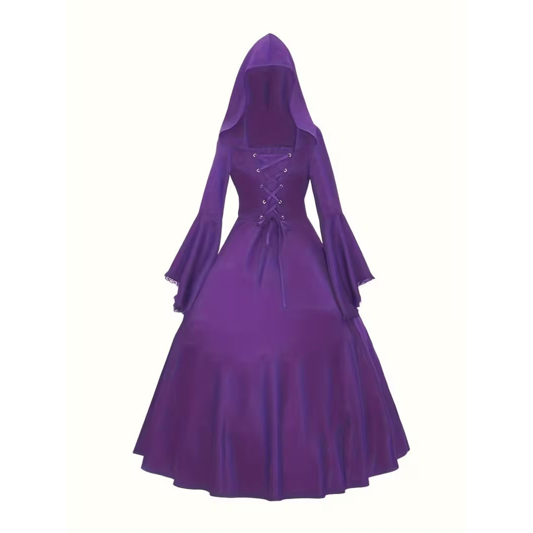 Heksenjurk Middeleeuws met Kap Zwart Paars Rood Dames Lange Gothic Cosplay Verkleedjurk Halloween Feest | Sulvida