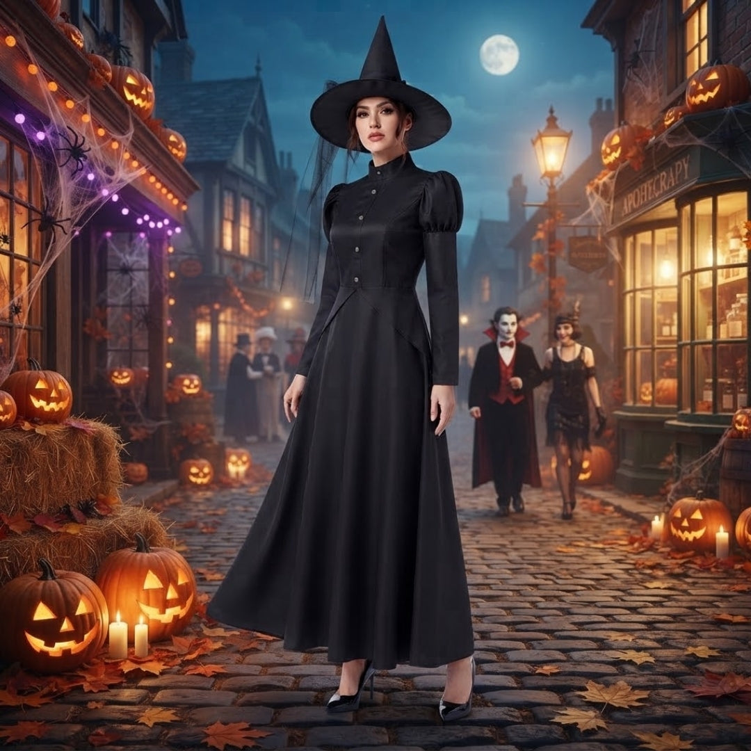 Zwarte Heksenjurk Halloween Verkleedkostuum Lang Feestkleding Volwassenen Kinderen Themafeest Carnaval | Sulvida