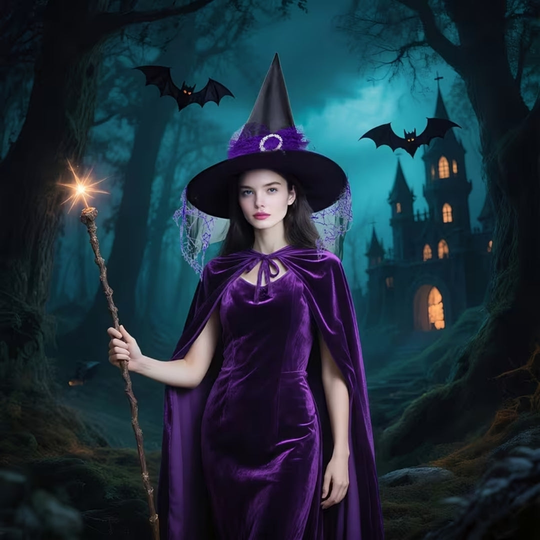 Heksencape met Hoed Volwassenen Fluweel Paars Zwart Verkleedkostuum Halloween Cosplay Themafeest Carnaval | Sulvida