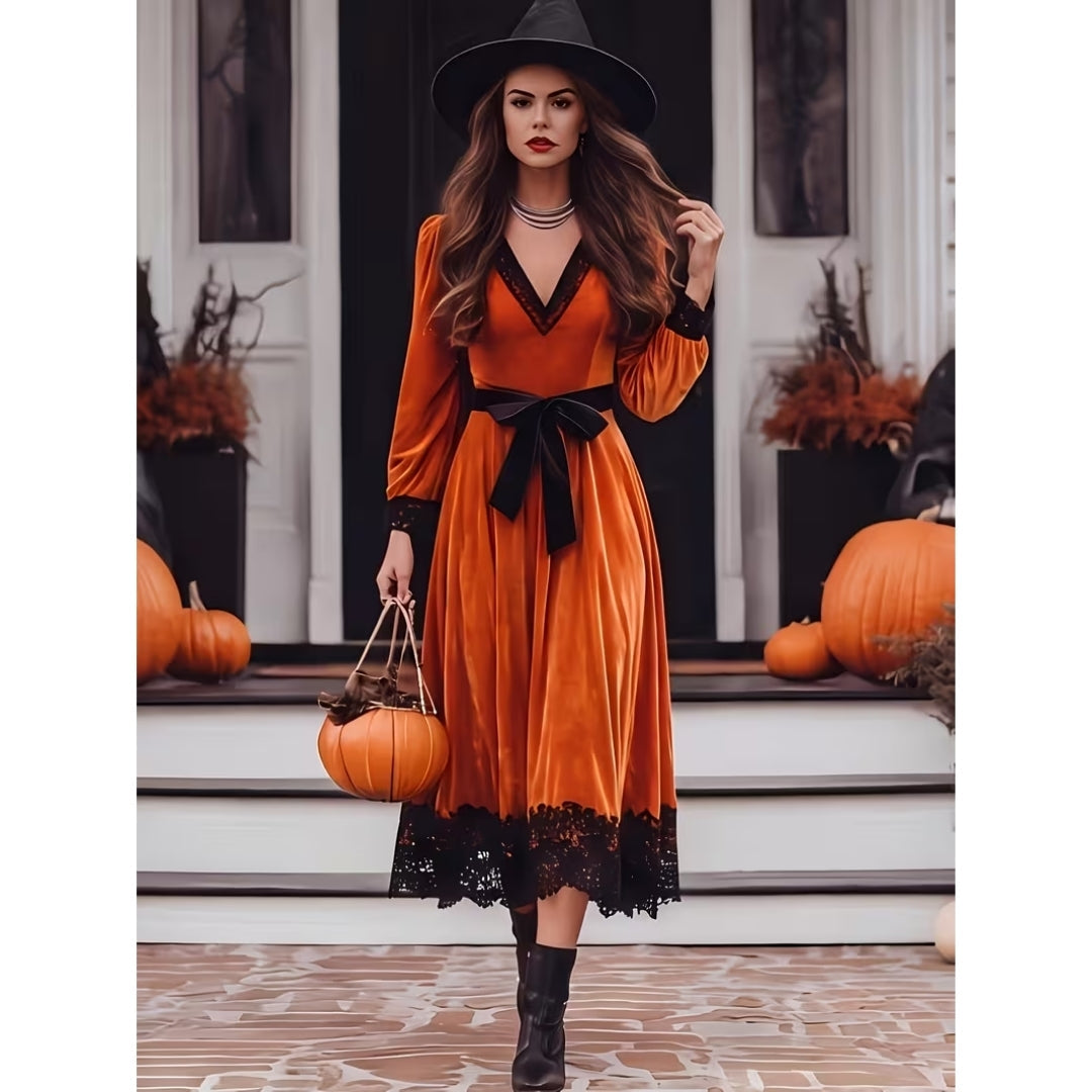 Gotische Jurk met Kanten Details en Veteraccent Zwart Oranje Themafeest Herfst Halloween Costume Party Outfit | Sulvida