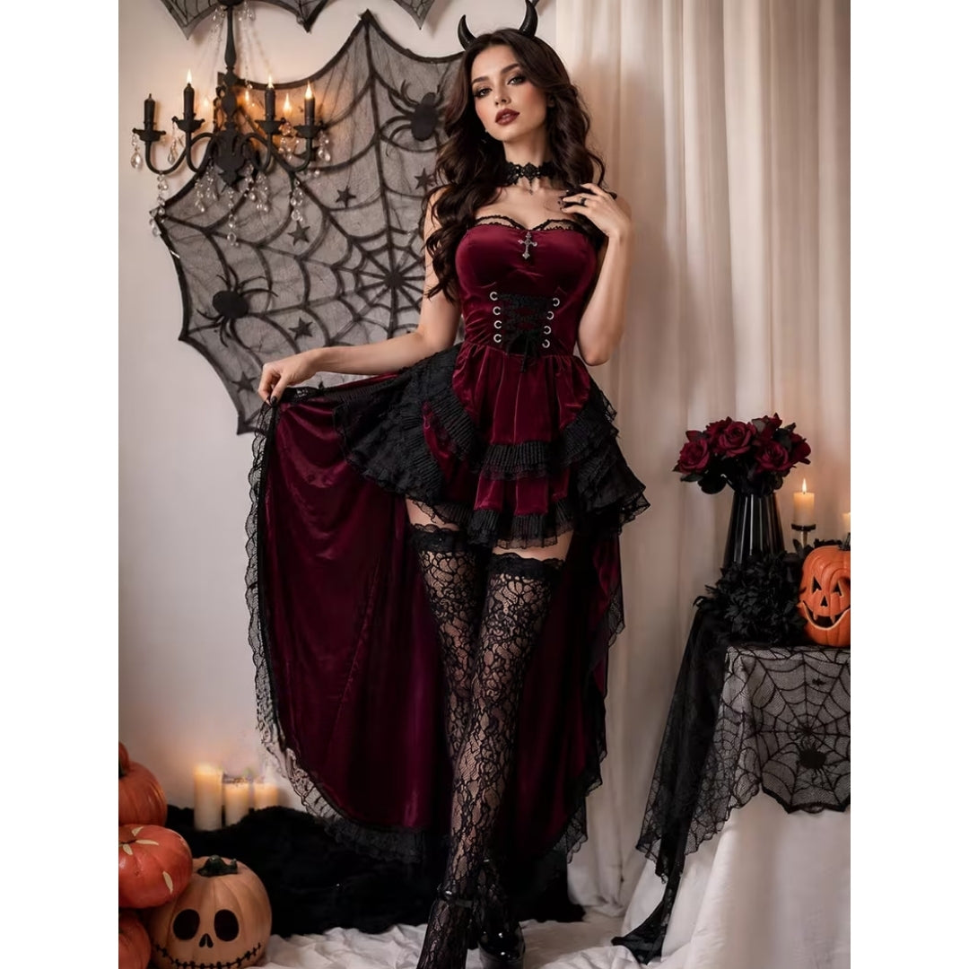 Gotische Duivelkostuum Dames Bordeauxrood 4-delig Vampier Verkleedset Halloween Fantasy Outfit Carnaval | Sulvida