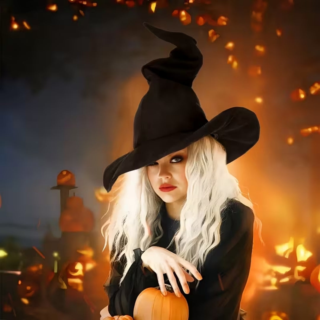 Punthoed Canvas Zwart Verkleedaccessoire voor Themakostuums Fotoprints Feestelijk Halloween Heksenhoed | Sulvida