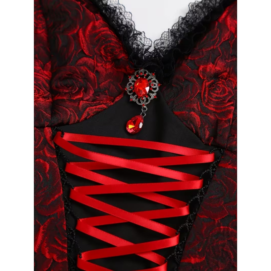 Gothic Vampierjurk Korte Cosplay Outfit met Rozenmotief voor Themafeest Halloween Verkleedkleding Kostuum | Sulvida