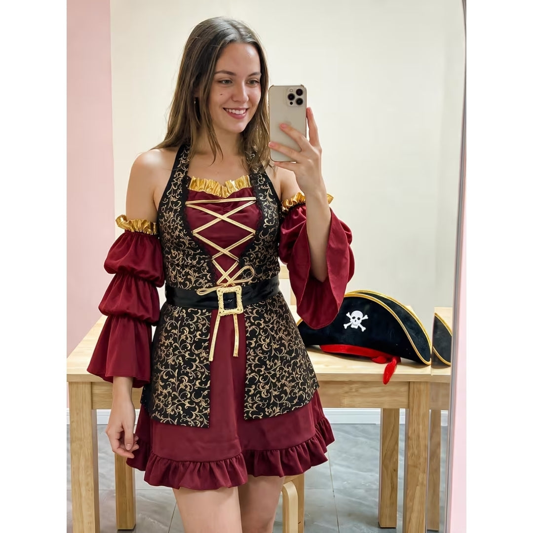 Dames Kapiteinskostuum Korte Jurk Zwart Rood Cosplay Verkleedoutfit Piratenfeest Halloween Carnaval Feest | Sulvida