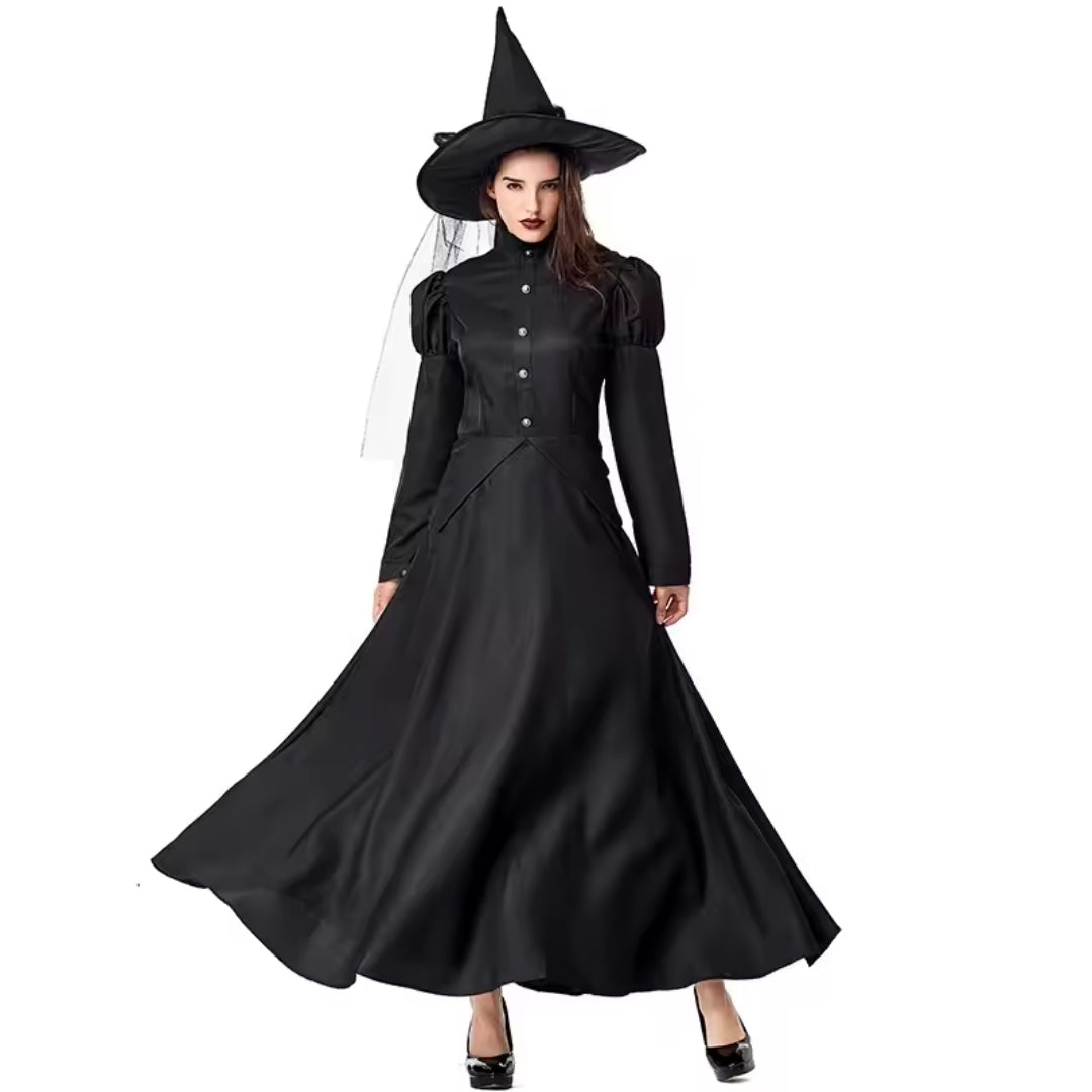 Zwarte Heksenjurk Halloween Verkleedkostuum Lang Feestkleding Volwassenen Kinderen Themafeest Carnaval | Sulvida