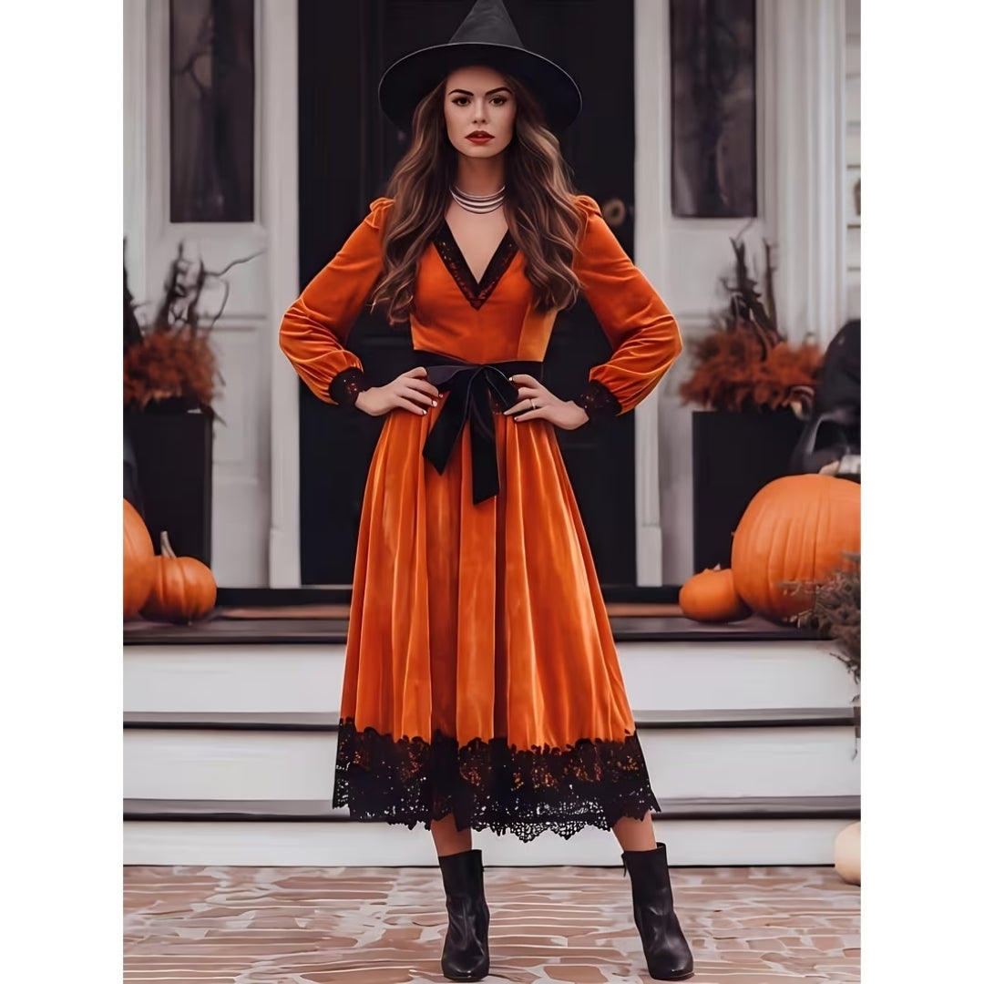 Gotische Jurk met Kanten Details en Veteraccent Zwart Oranje Themafeest Herfst Halloween Costume Party Outfit | Sulvida