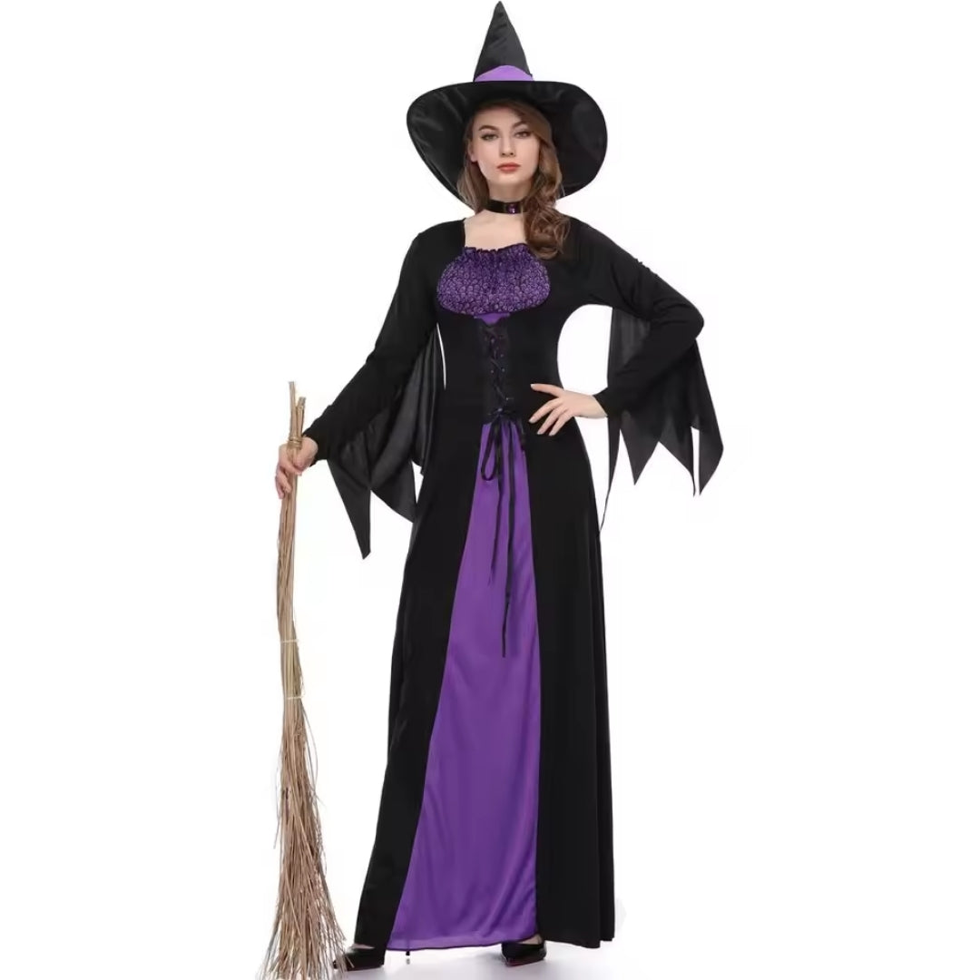 Gothic heksenkostuum met lange mouwen spitse hoed zwart paars vrouwen Halloween feestkleding carnaval | Sulvida
