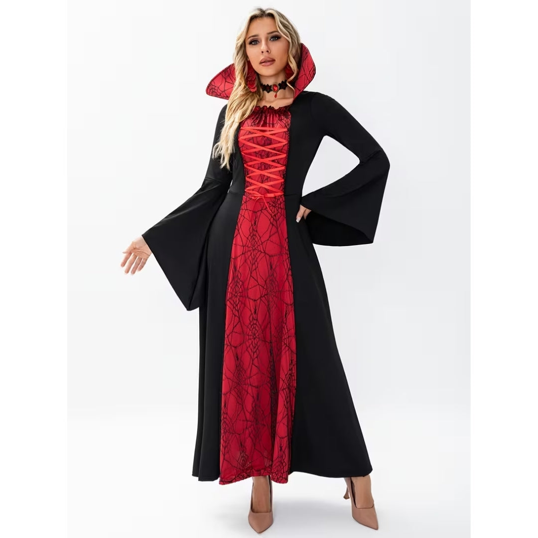 Gotische Vampierjurk Dames met Hoge Kraag en Vetersluiting - Elegant Feestkostuum voor Halloween en Themafeesten | Sulvida