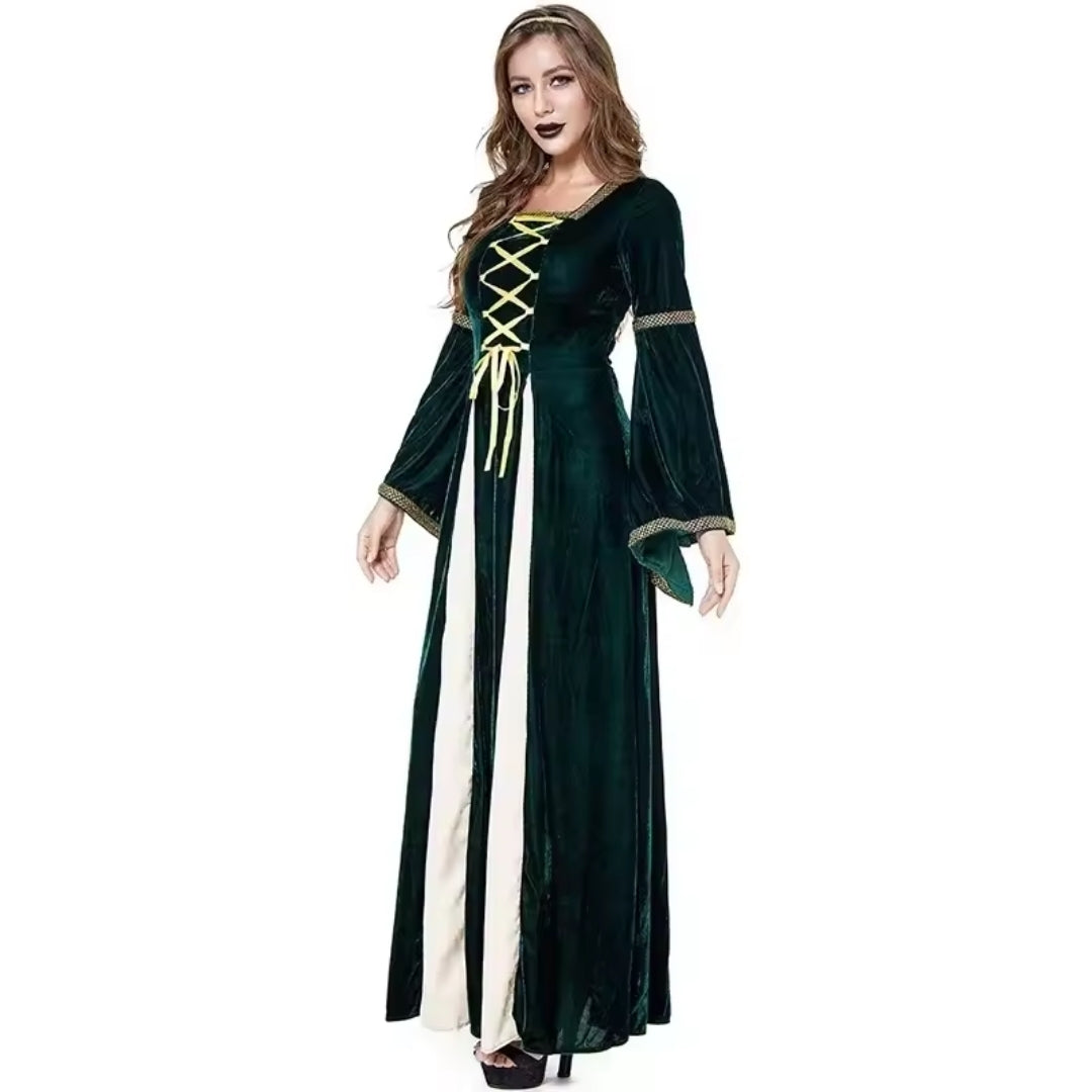 Fluwelen Middeleeuwse Verkleedjurk Lang Groene Heksenkostuum met Veterdetail Halloween Carnaval Dames | Sulvida