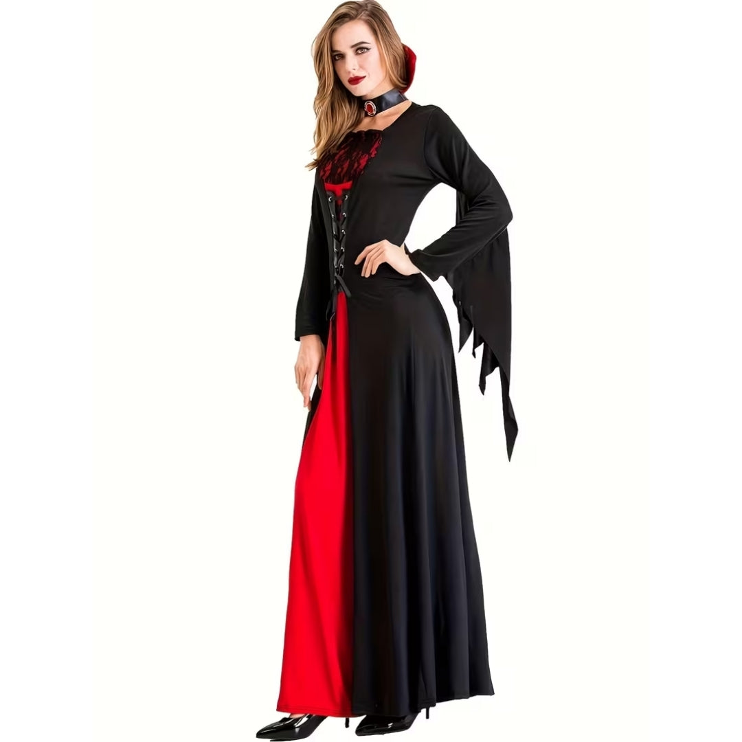 Gothic Vampierjurk Dames Lang Zwart Rood Hoge Kraag Kanten Borstpanel Cosplay Verkleedkostuum Halloween Feest | Sulvida