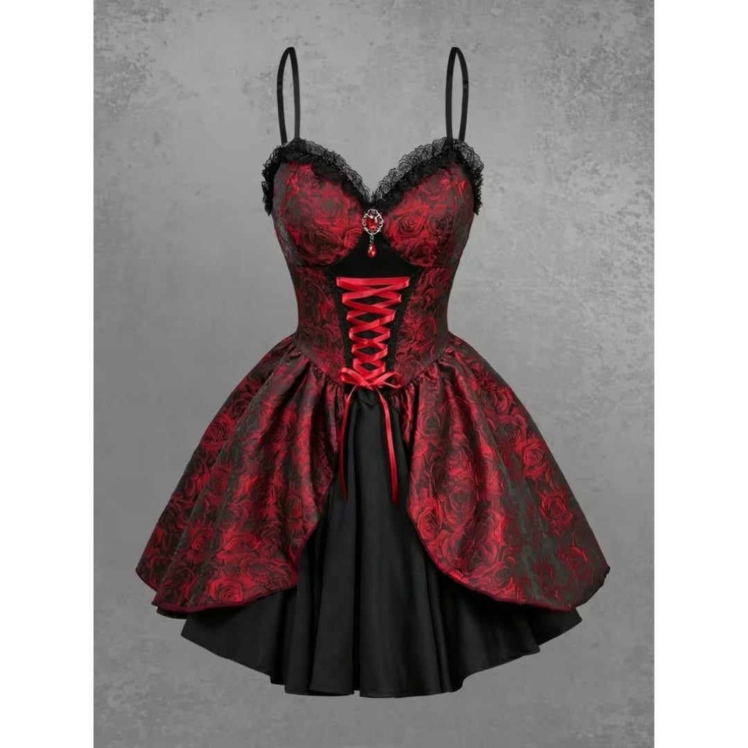 Gothic Vampierjurk Korte Cosplay Outfit met Rozenmotief voor Themafeest Halloween Verkleedkleding Kostuum | Sulvida