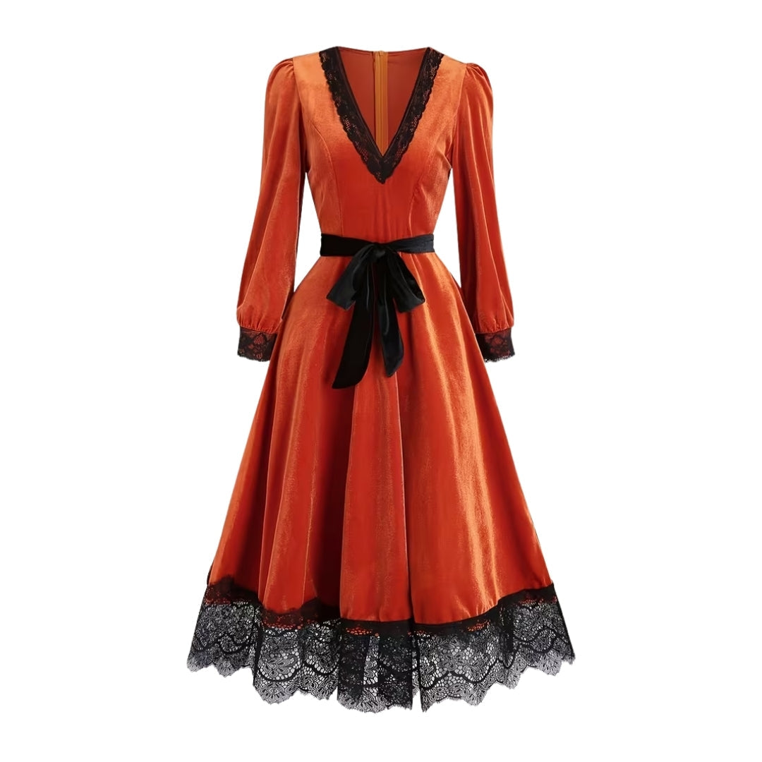 Gotische Jurk met Kanten Details en Veteraccent Zwart Oranje Themafeest Herfst Halloween Costume Party Outfit | Sulvida