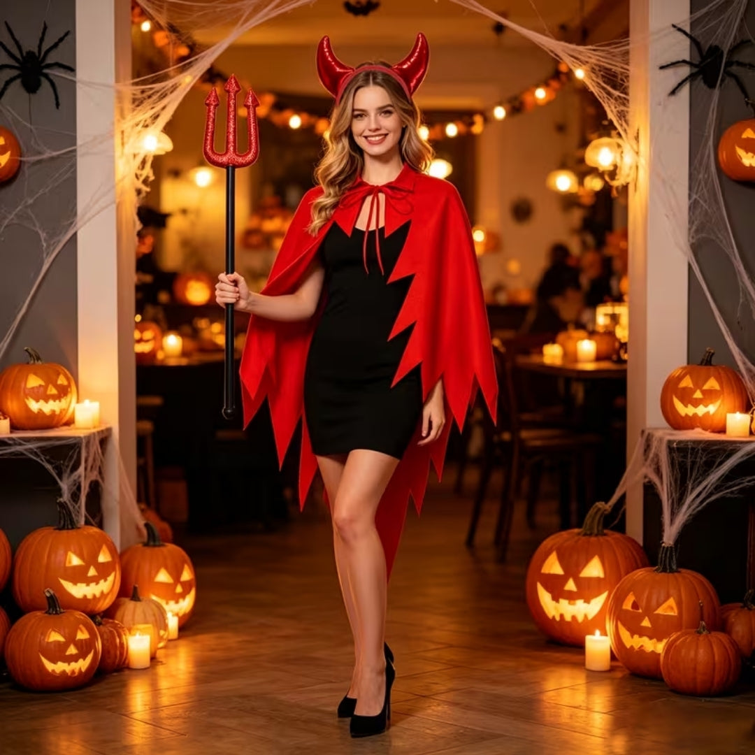 Duivels Feestkostuum 3-Delig met Cape Hoorns Drietand Dames Halloween Carnaval Cosplay Verkleedoutfit Rood | Sulvida