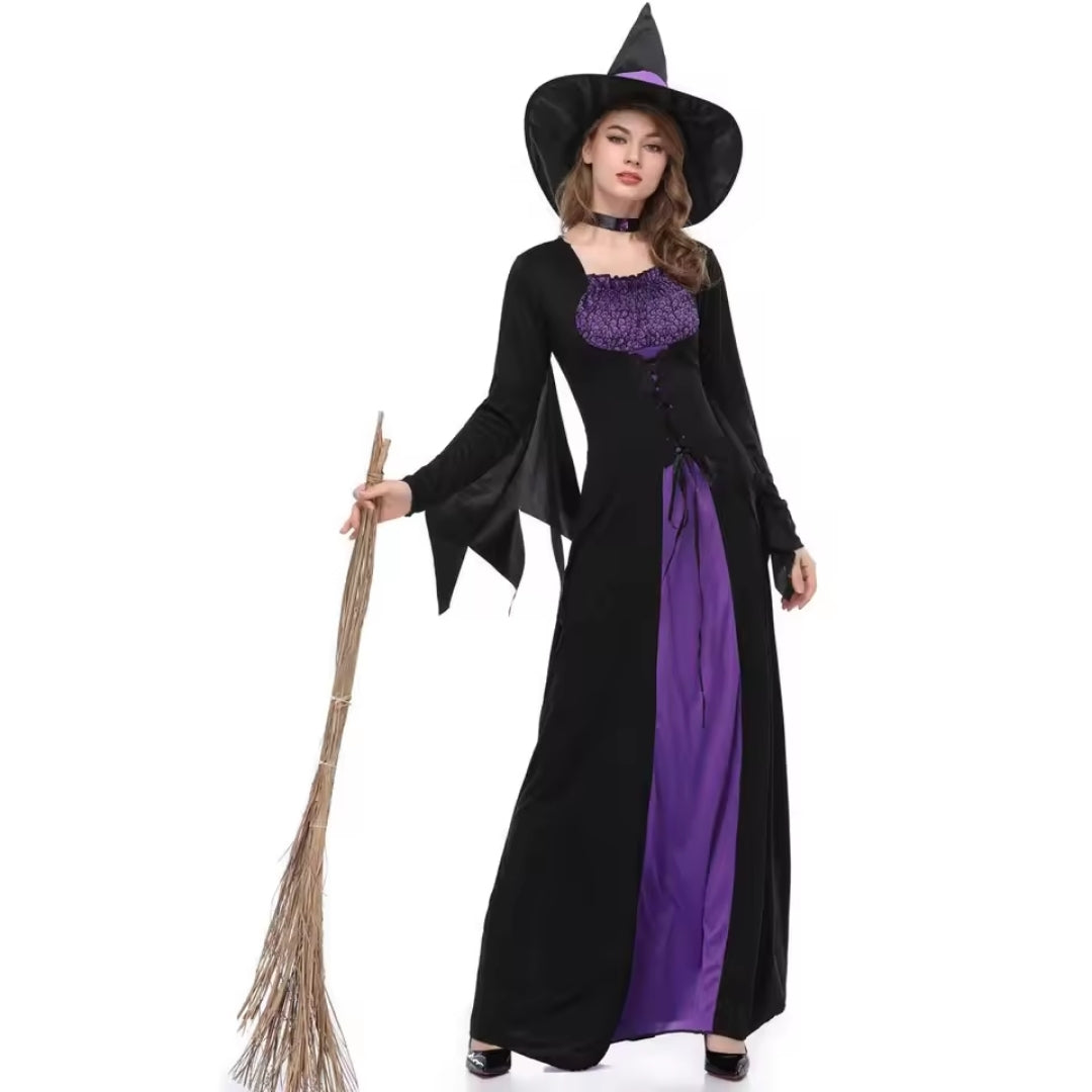 Gothic heksenkostuum met lange mouwen spitse hoed zwart paars vrouwen Halloween feestkleding carnaval | Sulvida
