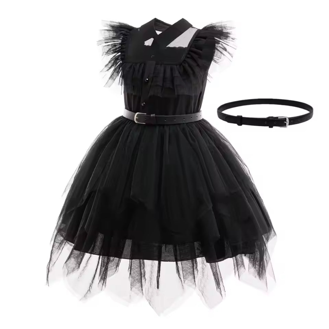 Gothic Feestjurk voor Kinderen met Riem Zwarte Verkleedjurk Cosplay Halloween Carnaval Kostuum Meidenoutfit | Sulvida