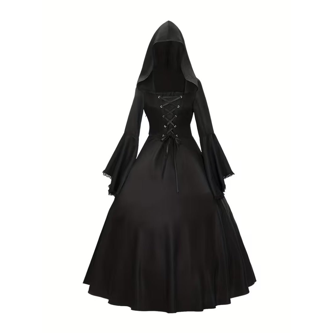 Heksenjurk Middeleeuws met Kap Zwart Paars Rood Dames Lange Gothic Cosplay Verkleedjurk Halloween Feest | Sulvida