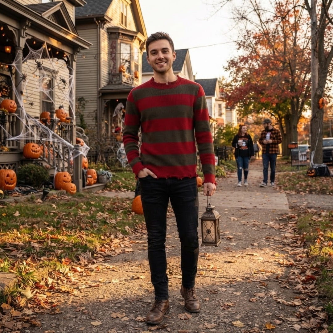 Gestreepte Horrorkostuum Trui met Hoed Volwassenen Halloween Carnaval Feestkleding Uniseks Verkleedoutfit | Sulvida