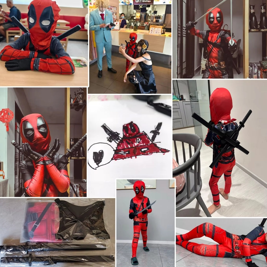 Superhelden Verkleedkostuum Kind met Zwaarden Compleet Rood Zwart Jumpsuit Cosplay Carnaval Halloween | Sulvida