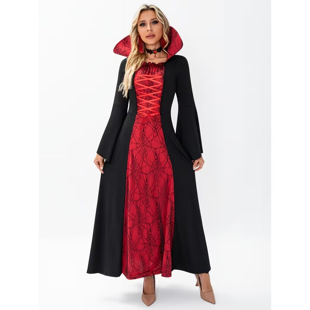 Gotische Vampierjurk Dames met Hoge Kraag en Vetersluiting - Elegant Feestkostuum voor Halloween en Themafeesten | Sulvida