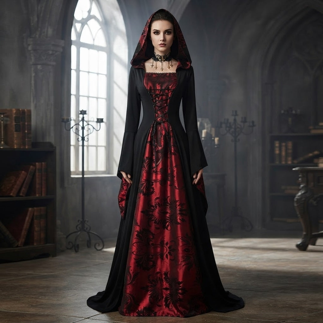 Gothic Vampierjurk met Cape Zwart Rood Verkleedkostuum Middeleeuws Horror Themafeest Halloween Carnaval | Sulvida