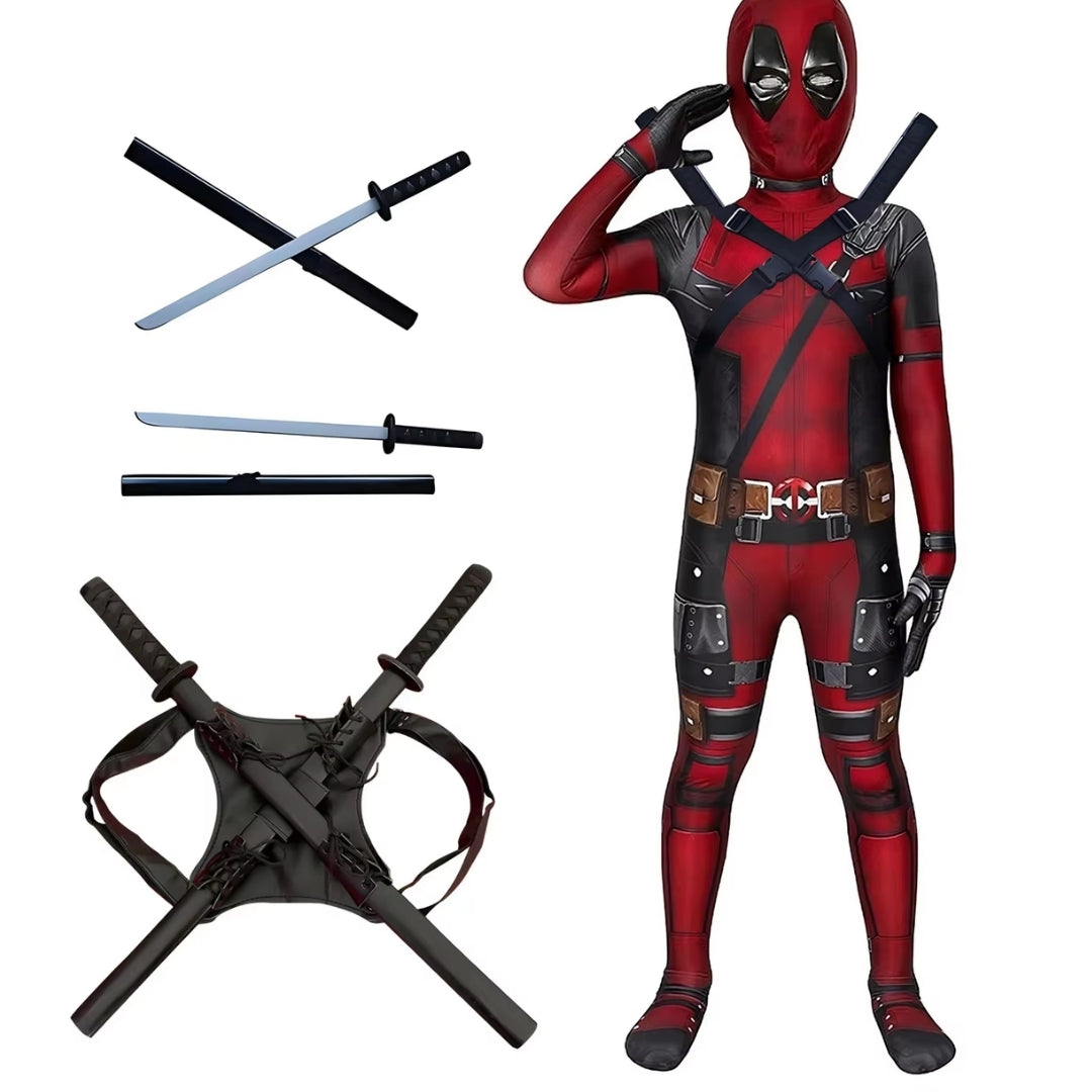 Superhelden Verkleedkostuum Kind met Zwaarden Compleet Rood Zwart Jumpsuit Cosplay Carnaval Halloween | Sulvida