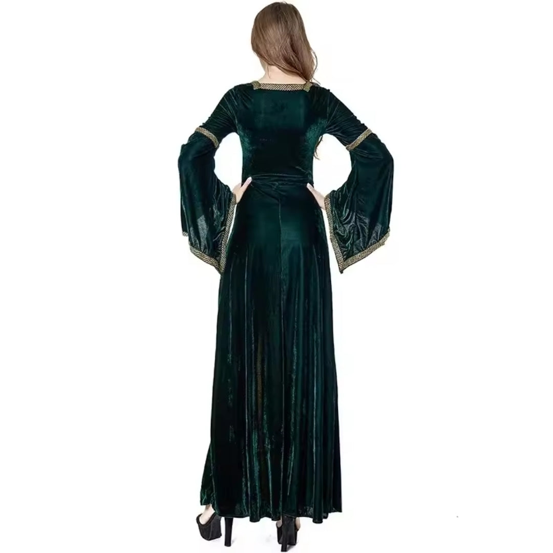 Fluwelen Middeleeuwse Verkleedjurk Lang Groene Heksenkostuum met Veterdetail Halloween Carnaval Dames | Sulvida