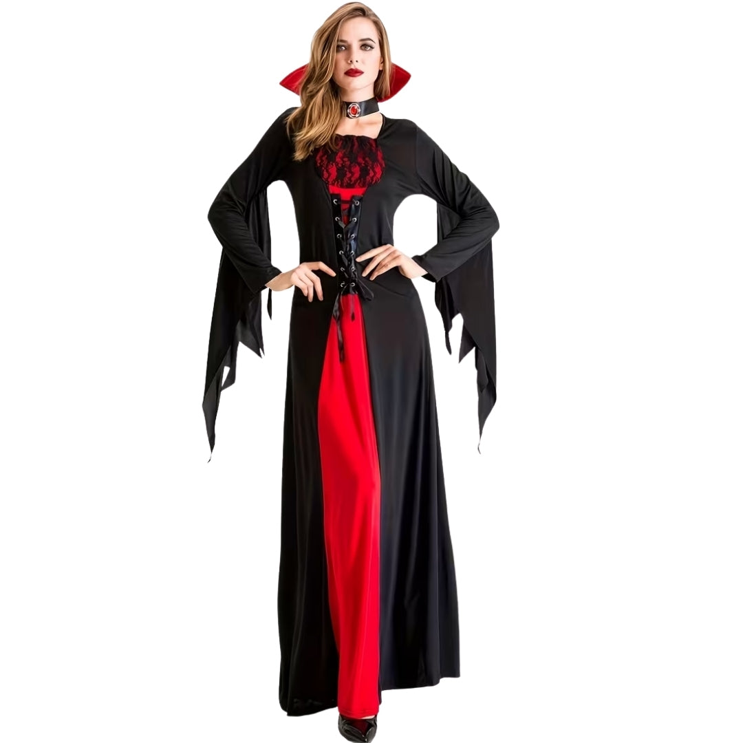 Gothic Vampierjurk Dames Lang Zwart Rood Hoge Kraag Kanten Borstpanel Cosplay Verkleedkostuum Halloween Feest | Sulvida