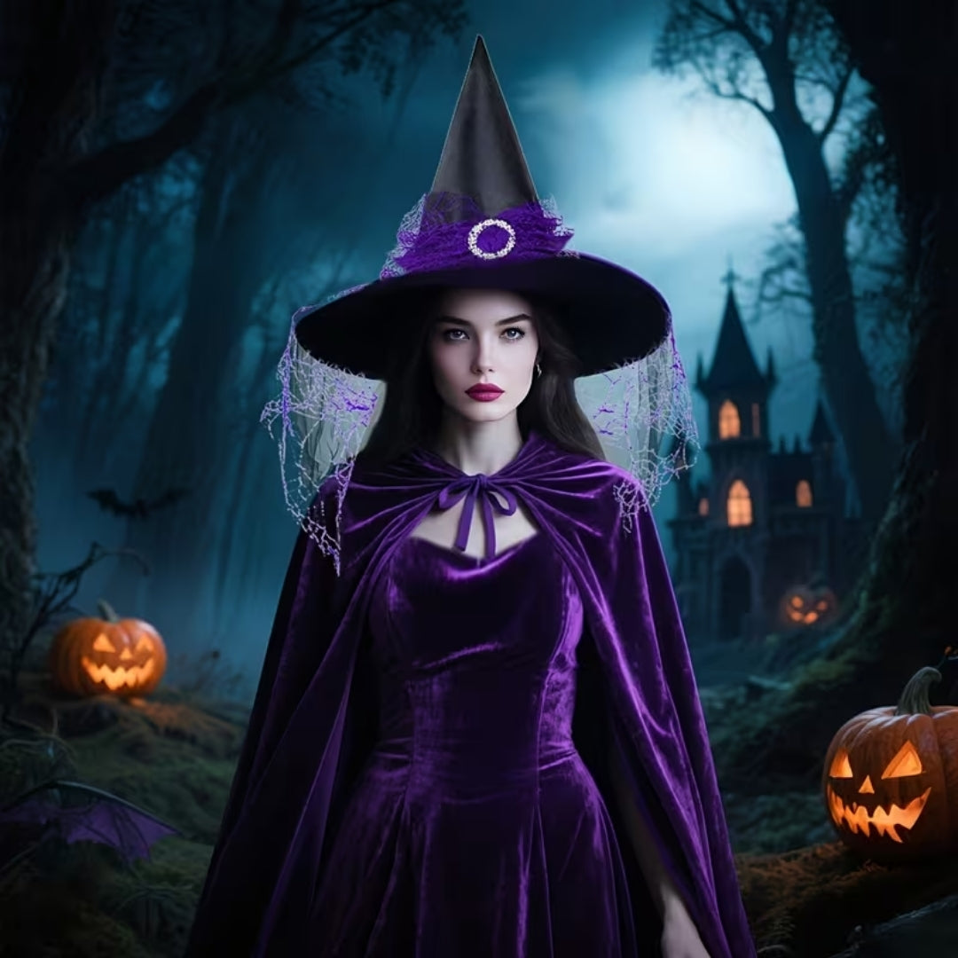 Heksencape met Hoed Volwassenen Fluweel Paars Zwart Verkleedkostuum Halloween Cosplay Themafeest Carnaval | Sulvida