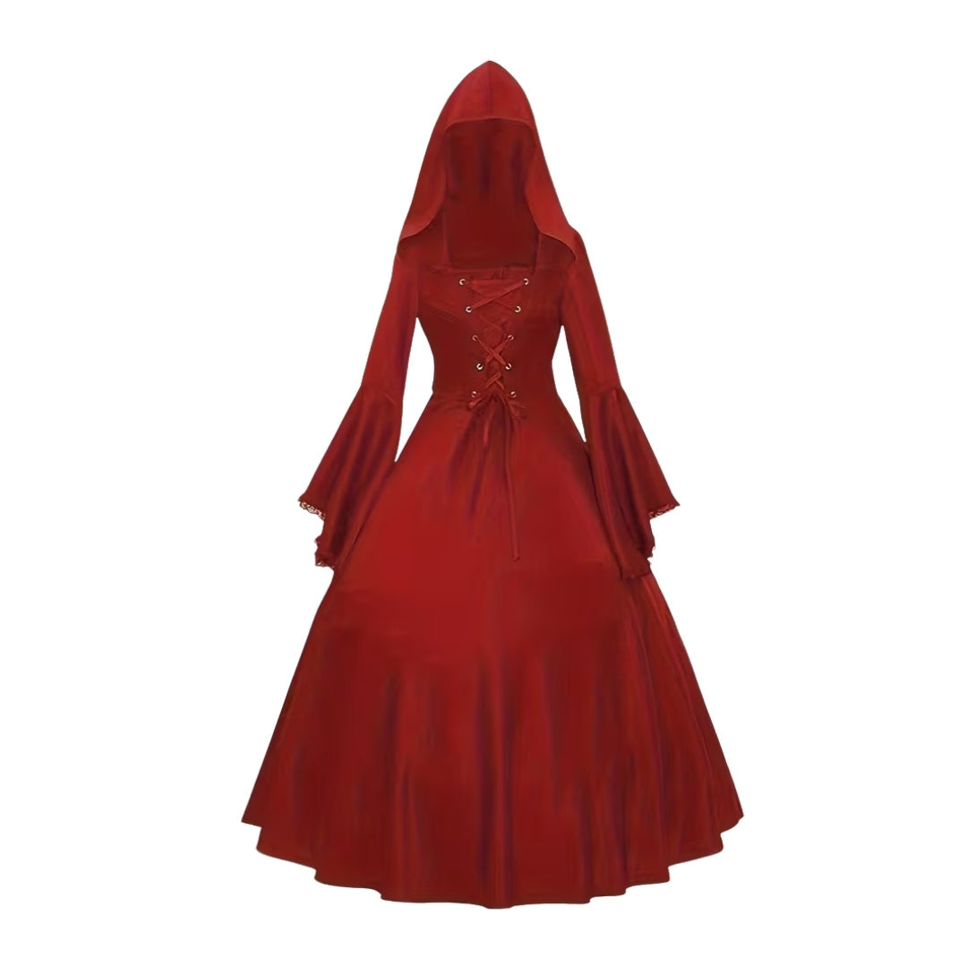 Heksenjurk Middeleeuws met Kap Zwart Paars Rood Dames Lange Gothic Cosplay Verkleedjurk Halloween Feest | Sulvida