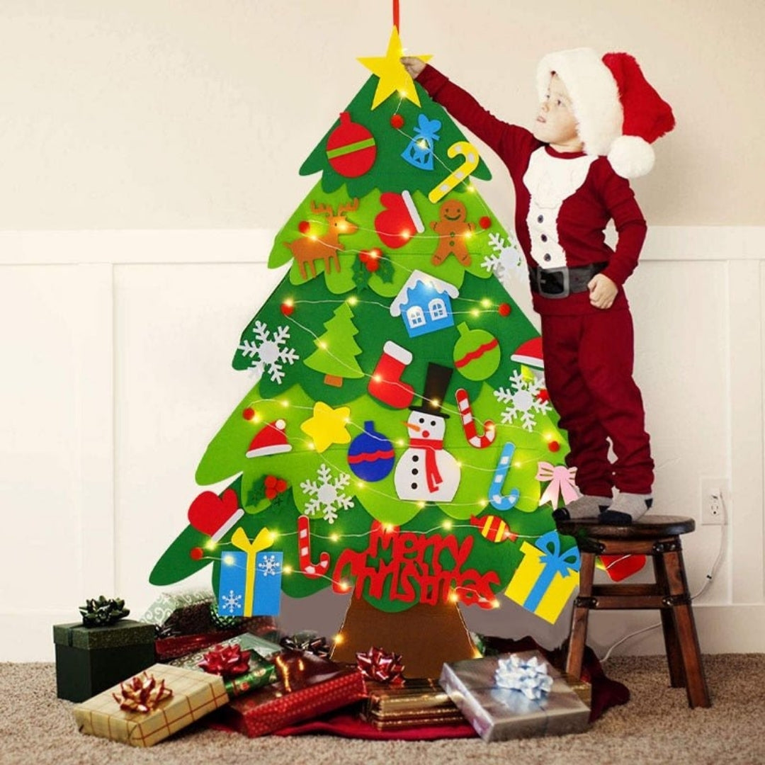 Vilten Kerstboom Wandspel Kind 100cm met Versiering Ornamenten LED Lichtjes Ontwikkelingsspel Peuters Kinderen | Sulvida