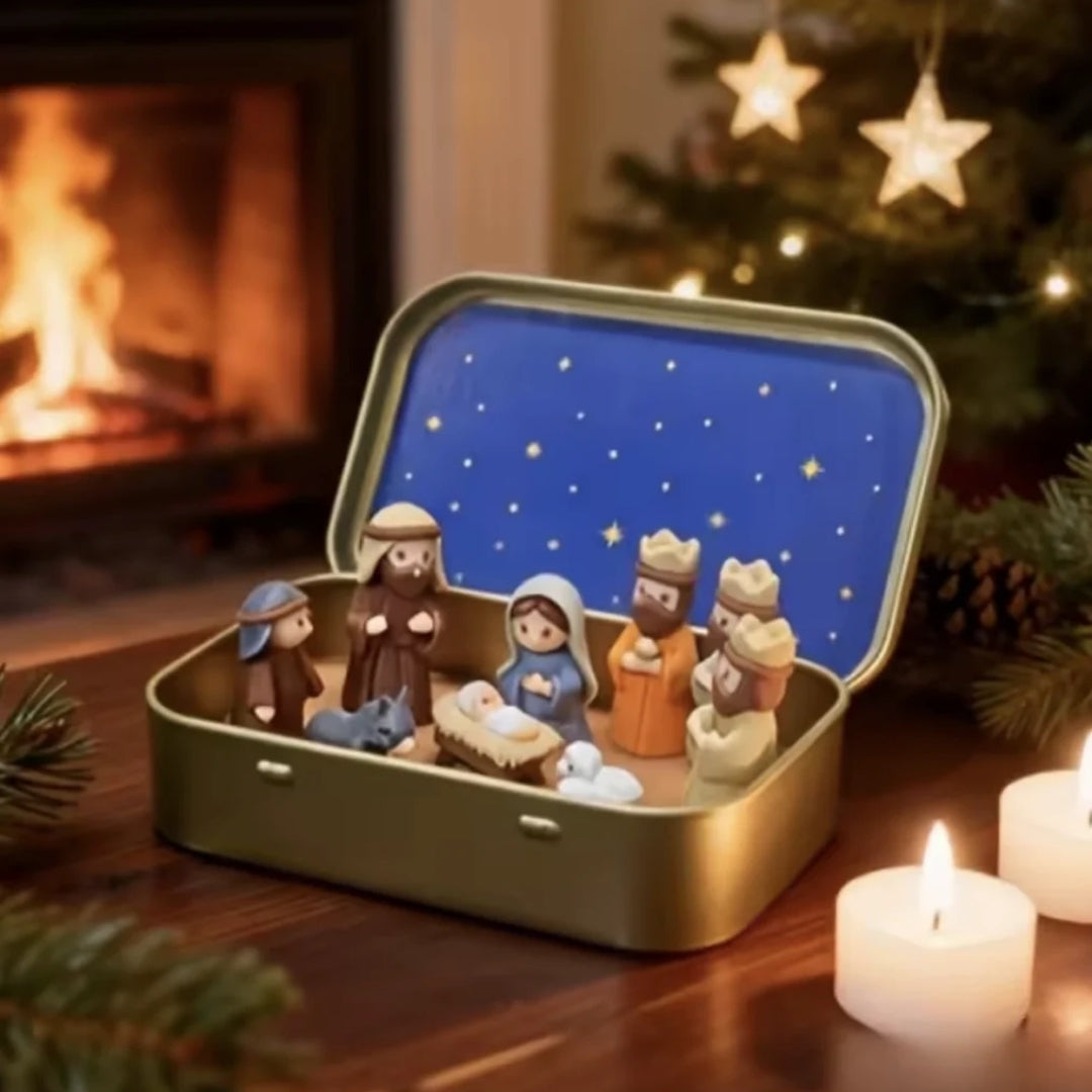 Kerststal Decoratiedoos met Figuren – Geboortescène in Stalen Bewaardoosje met Sterrenhemel Kerstdecoratie | Sulvida