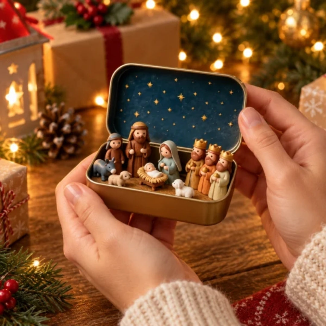 Kerststal Decoratiedoos met Figuren – Geboortescène in Stalen Bewaardoosje met Sterrenhemel Kerstdecoratie | Sulvida