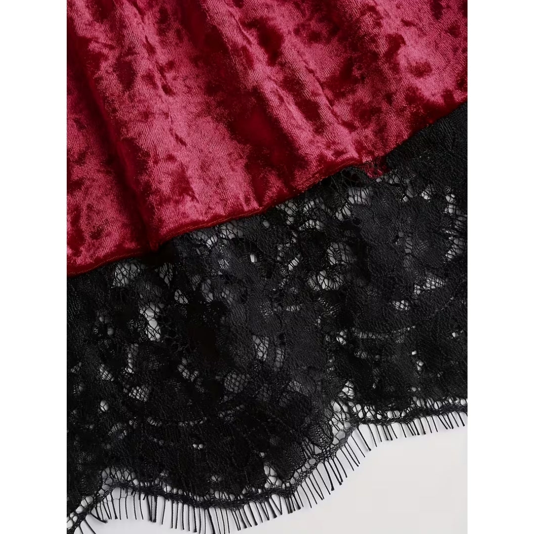Fluwelen Feestjurk Rood met Kanten Halslijn en Strikdetail Mini-Jurk Gothic Vintage Stijl voor Dames | Sulvida