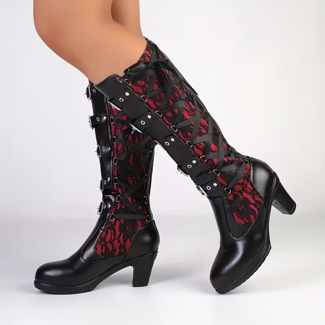 Dameslaarzen Hoog met Blokhak Gespdetails Kanten Inzetstukken Ritssluiting Gothic Punk Stijl Steampunk | Sulvida
