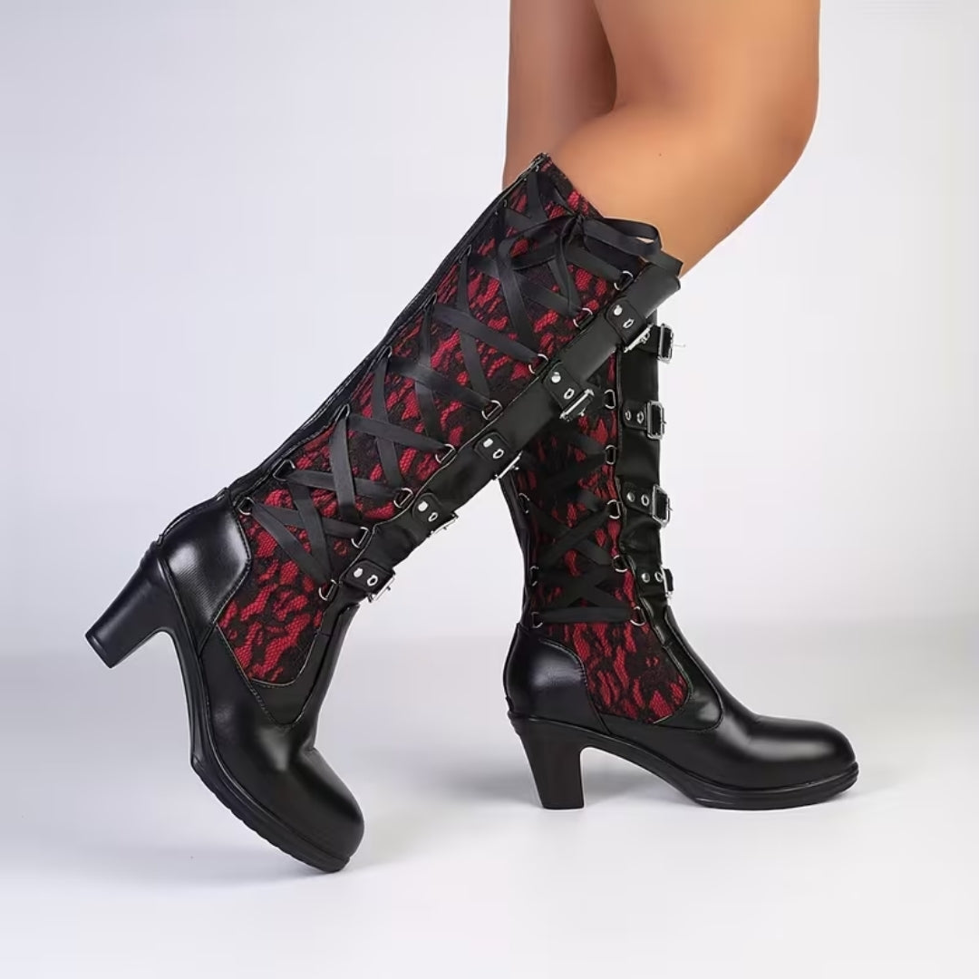Dameslaarzen Hoog met Blokhak Gespdetails Kanten Inzetstukken Ritssluiting Gothic Punk Stijl Steampunk | Sulvida