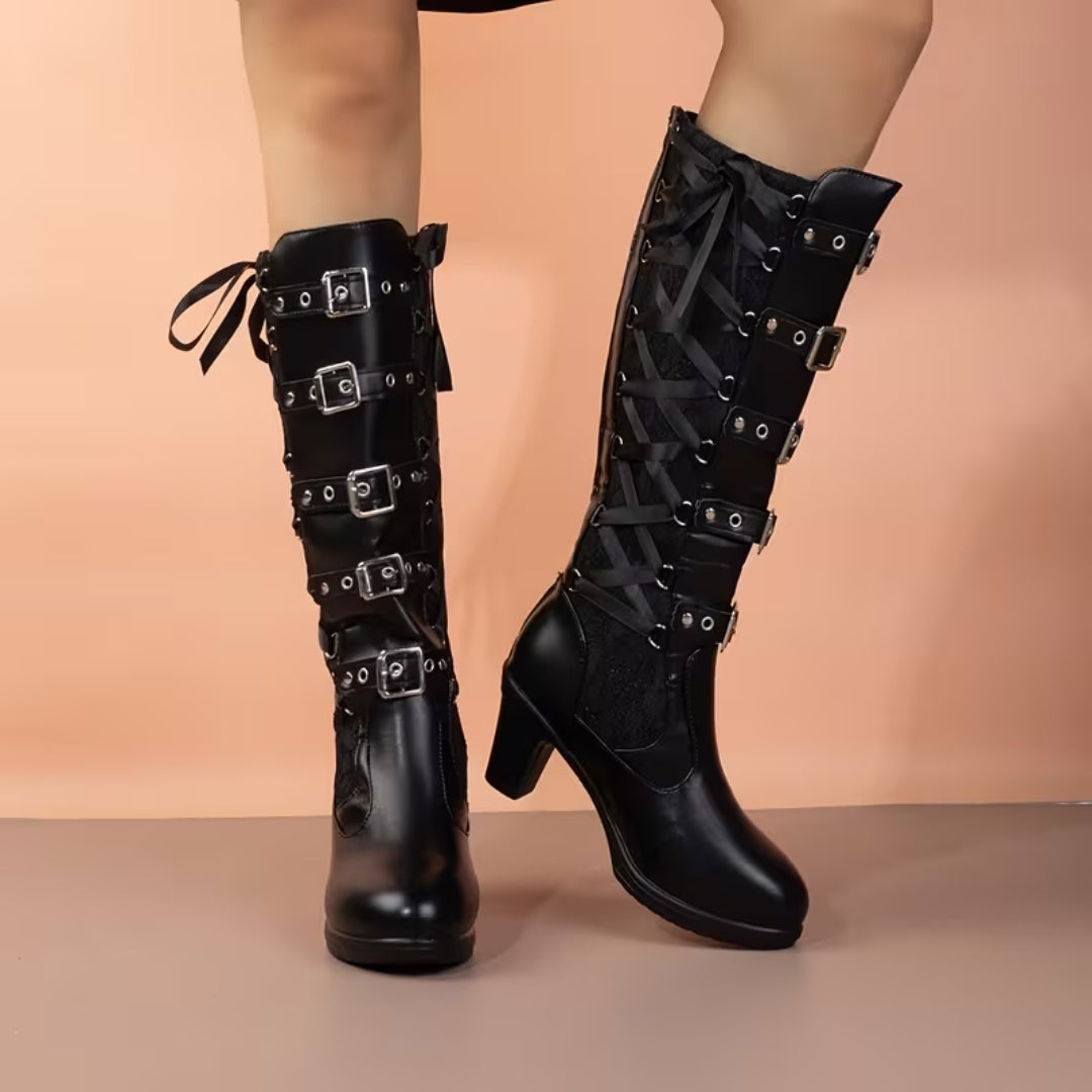 Dameslaarzen Hoog met Blokhak Gespdetails Kanten Inzetstukken Ritssluiting Gothic Punk Stijl Steampunk | Sulvida