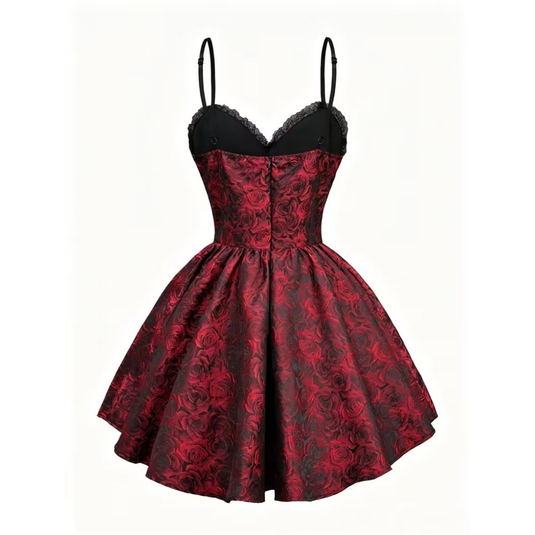 Gotische Jurk met Rozenprint Rode Kanten Vampier Corsetjurk Vetersluiting Halloween Themafeest Kostuum | Sulvida