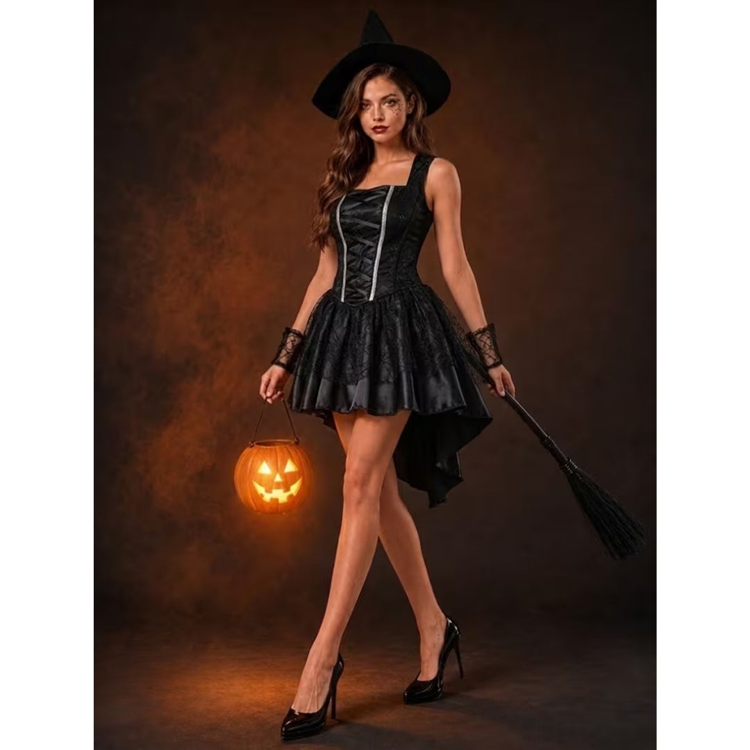 Feestelijk Heksenkostuum met Kanten Rok en Spookachtige Accessoires voor Dames Halloween Verkleedkleding | Sulvida