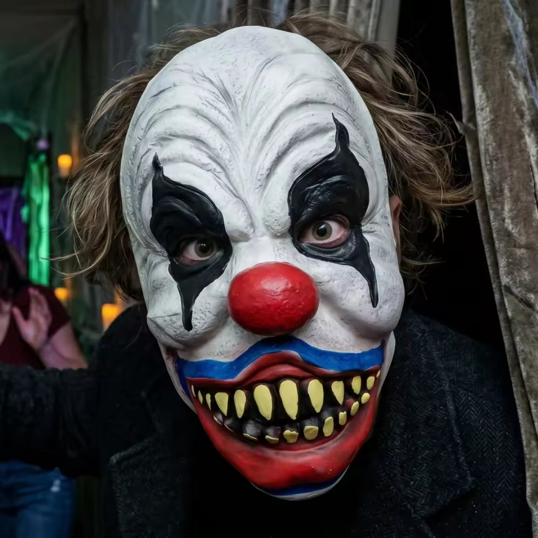 Horrorclown gezichtsmasker latex met tanden rode neus volwassenen Halloween themafeesten grimeren carnaval | Sulvida