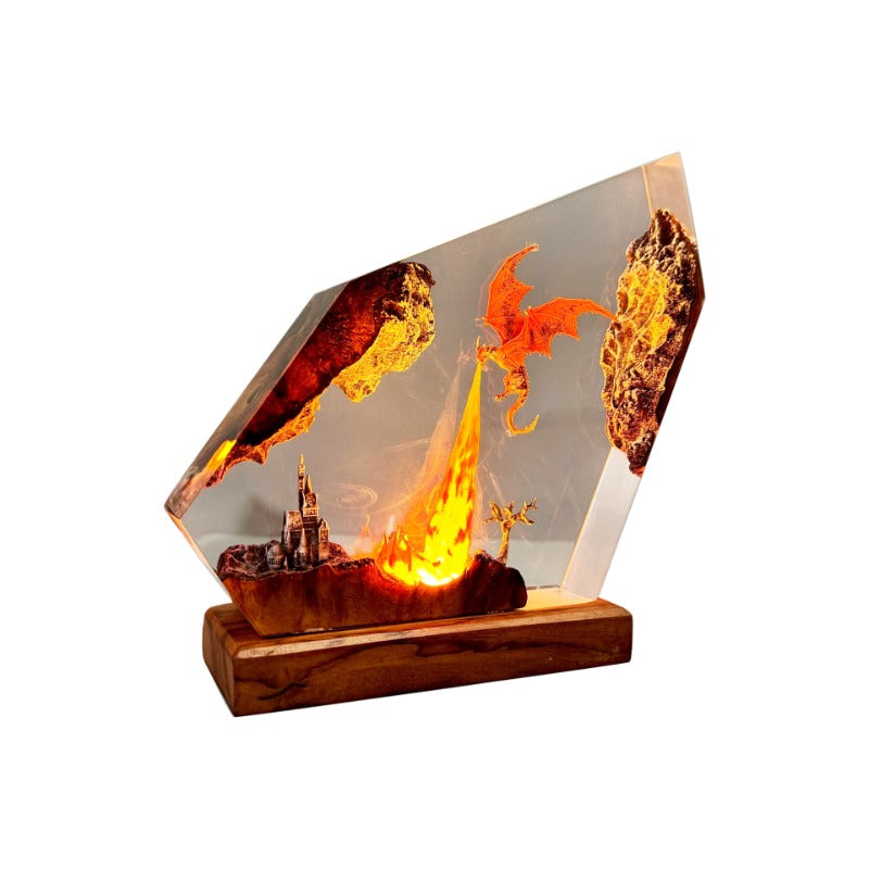 Draak Tafellamp met Vuureffect – Handgemaakte Hars Fantasy Verlichting Decoratief Sfeerlicht 14-21cm | Sulvida